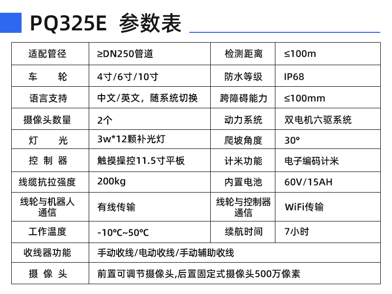 普奇PQ325E管道检测机器⼈参数 普奇PQ325E管道检测机器⼈参数