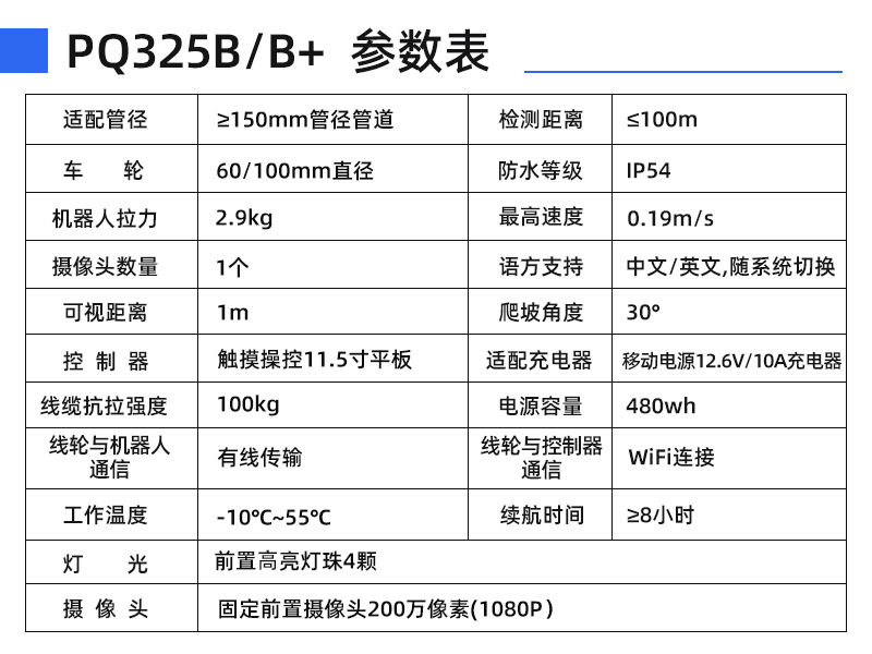 普奇PQ325B/B+管道检测机器⼈产品参数 普奇PQ325B/B+管道检测机器⼈产品参数